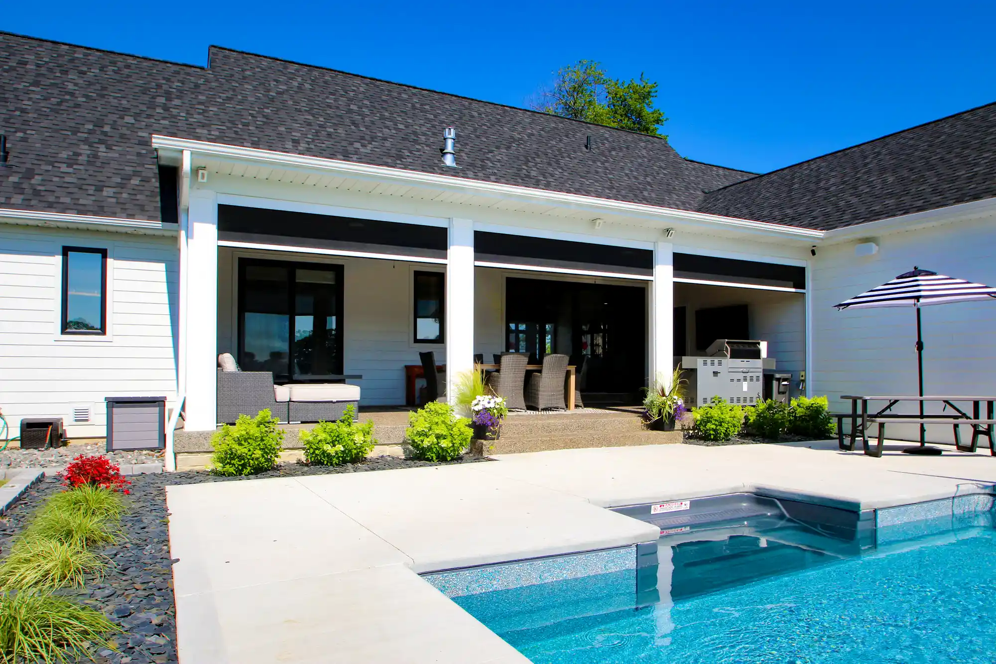 Covered patio with black privacy screens and pool