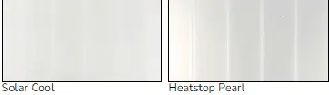 Two color swatches for acrylic roofing labeled Solar Cool and Heatstop Pearl