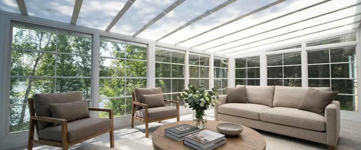 3-season vinyl sunroom with open windows for better summer airflow.
